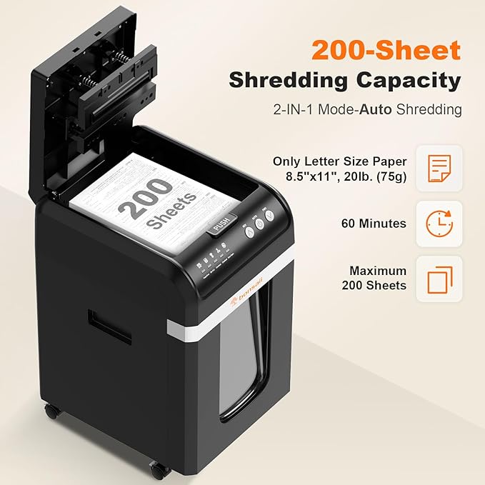 Bonsaii 200-Sheet Auto Feed Paper Shredder, 60-Min Nonstop Heavy Duty Shredders for Office, 8.1-Gal Bin, P4 High Security Micro Cut Large Commercial Paper Shredder for Business (C283-A New Version)