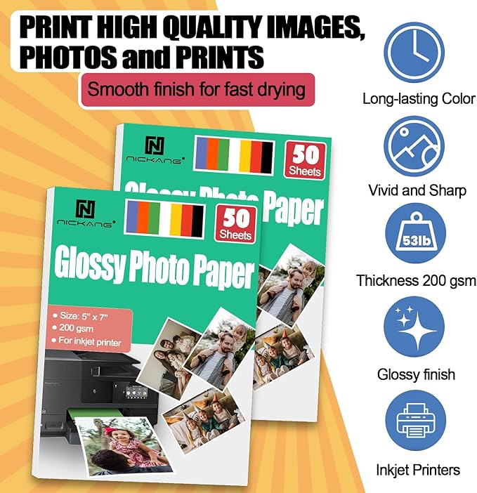 NICKANG 5x7 Glossy Photo Paper, Total of 100 Sheets Bulk, 200 gsm, Photo Paper 5x7, Photo Printer Paper, Picture Paper for Printer, Inkjet Photo paper (50 Sheets/Pack x 2 Packs)