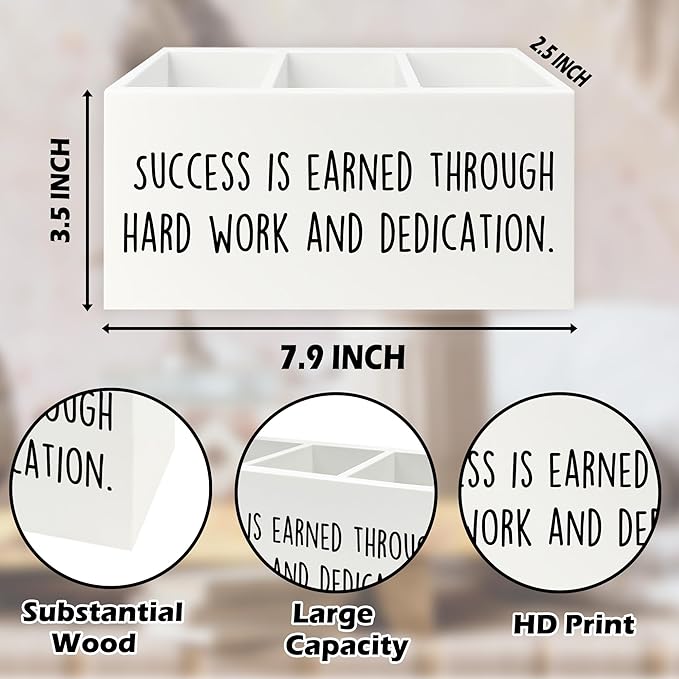 QZQE Motivational Gifts Pen Pencil Holder Organizer for Desk, Success Is Earned Through Hard Work and Dedication Inspirational Wooden Box Signs Decorations for Home Office Desk Tabletop