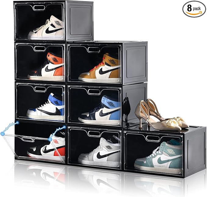 Amllas 8 Pack Shoe Boxes Black Plastic Stackable, Large Shoe Storage Organizer,Drop Side Front Shoe Containers for Entryway,Sneaker Storage Fit up to US Size 13 for Men/Women(13’’x 10.6”x 8.3”)