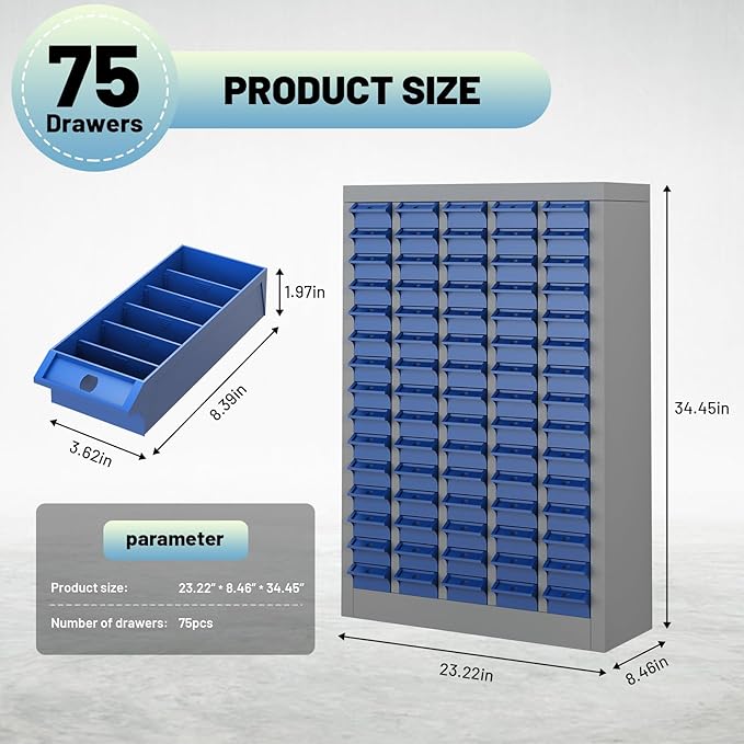 Exerock 75 Drawer Tool Storage Cabinet with ABS Drawers, Bolt and Nut Organizer Parts Box, Hardware Shelving Unit for Garage and Workshop