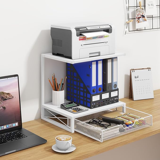 ELITEROO Printer Stand for Desk with Storage Drawer, 2 Tier Desktop or Under Desk Shelf, Wood Desktop Organizer for Home Office, Fits 3D Printer, Scanner, Fax Machine, Cricut, White