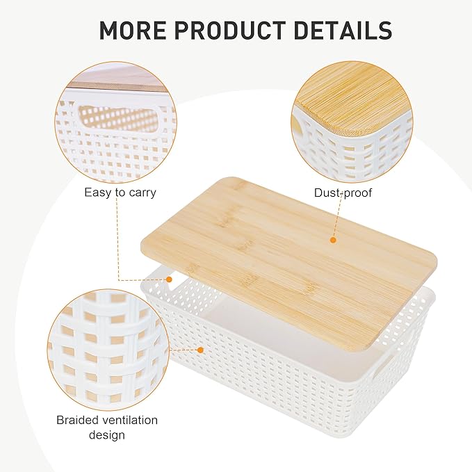 Anywish Storage Bins with Lids 8 Packs, Plastic Storage Bins with Bamboo Lids for Pantry Organization and Storage Containers for Shelves Drawers Desktop Closet Playroom Classroom Office Home, White