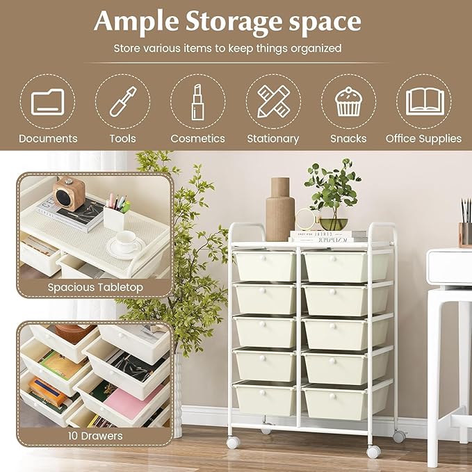 LDAILY 10 Drawer Rolling Cart, Storage Cart Organizer on Wheels, Drawer Cart with Metal Frame & Large Storage Capacity, Rolling Cart with Drawers for Living Room Classroom, Office
