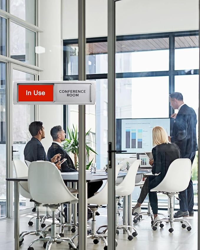 Conference Room In Use/Available Sign - Magnetic Door Slider, 7"x2" Non-Scratch Office Door Sign with Privacy Slider for Meeting Rooms, Offices, Restrooms - Silver
