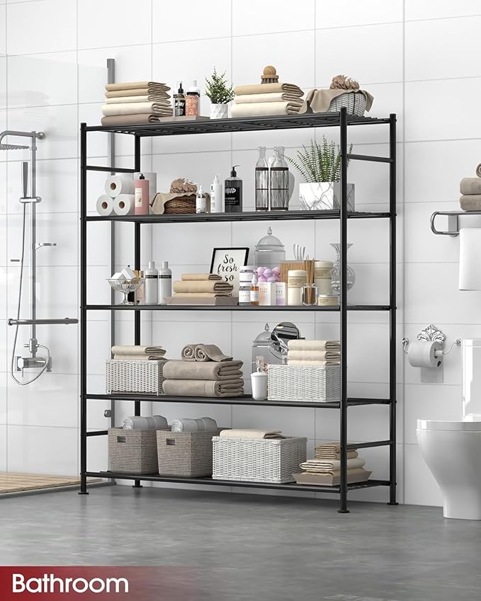 Sakugi Storage Shelves - 5 Tier Shelf Organizer, Heavy Duty Garage Shelving Unit with Leveling Feet, Stable Metal Shelves Organizer for Pantry, Kitchen and Closet, 47.3" W x 12.6" D x 60.8" H, Black