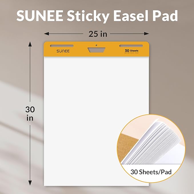 SUNEE Sticky Easel Pads, 25x30 Inches, 30 Sheets/Pad, 2 Pack – Self Stick Flip Chart Paper for Whiteboards, Premium Large White Chart Paper