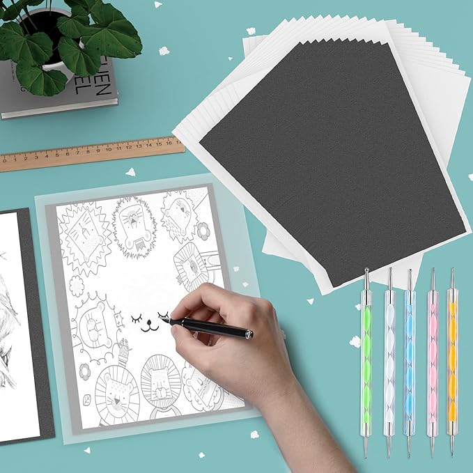 100 Sheets White Tracing Paper 100 Sheets Carbon Transfer Paper and 5 Pieces Ball Embossing Styluses for Wood Burning Craft, Paper, Canvas and Other Art Craft Surfaces