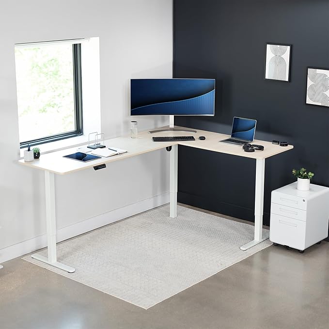 VIVO Electric Corner 84 x 63 inch L-Shaped Standing Desk, Memory Height Adjustment, Light Wood Top White Frame, DESK-E3CTWC-84