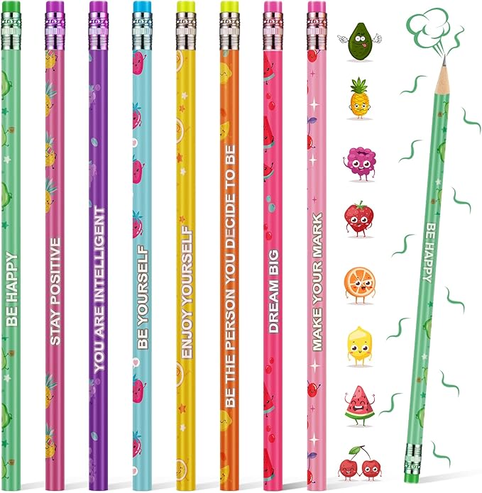 Leinuosen 30 Pcs Scented Pencils Bulk for Kids Inspirational Cute Fun Wood Smelly Pencils with Erasers Fruit Elements for School Classroom Office Students