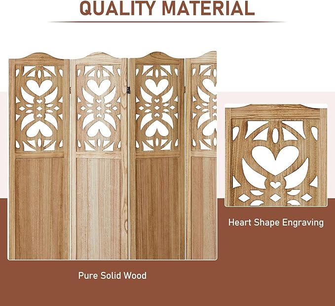 ALeesing 4 Panel Room Divider Fully Assembled, Carved Room Dividers and Folding Screens, 5.6Ft Wood Room Divider Screen Freestanding Partition Wall Dividers for Home Bedroom Office, Rustic Wood Color