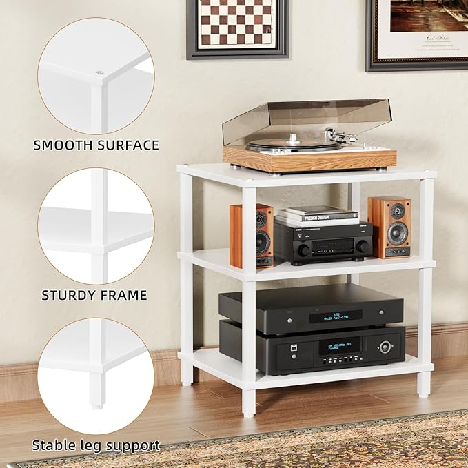 LELELINKY 3-Tier AV Media Player Stand Set of 2, White Stereo Cabinet, Wooden TV Stand,Game Console Shelf, Multifunctional Entertainment Center, Suitable for Home, Conference Room, Game Studio