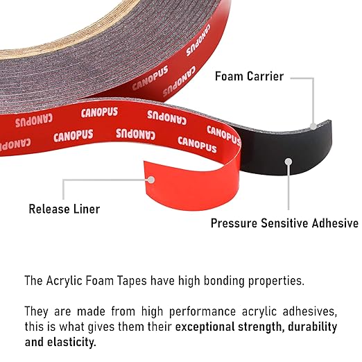 CANOPUS Double Sided Tape, 5952 Heavy Duty Mounting Tape, Strong Bond & Weatherproof Seal Strip for Automotive Mounting, Picture and Photo Frame, Poster, Craft, 0.50 in x 15 ft, Black, Made in USA