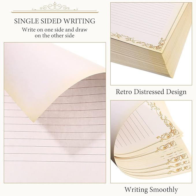 Sabary 200 Sheets Lined Stationary Writing Paper 8.5 x 11 Inch Fancy Vintage Stationery Letters Paper Lined Antique Retro Sheets for Letters Invitations Resume(Gold)