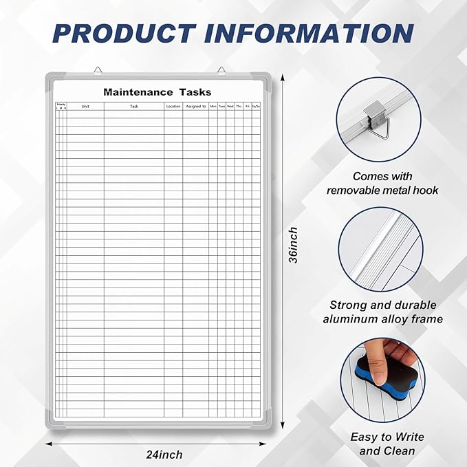 Lined Whiteboard Blank Grid Aluminum Frame Dry Erase Board Reusable Wall Mounted Board for Scheduling, to Do Lists Weekly Planning Home Work(36 x 24 Inch,Vertical Maintenance Tasks)