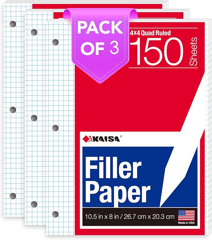 KAISA Graph Paper Filler Paper, 8"x10.5" 4x4 Graph/Quad Rule Filler Paper 3-Hole Punched 1/4inch Grid Paper Loose-Leaf Paper for 3-Ring Binders,150sheet/pack, 3pack F15001Q