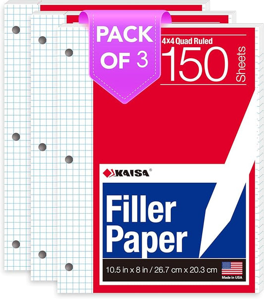 KAISA Graph Paper Filler Paper, 8"x10.5" 4x4 Graph/Quad Rule Filler Paper 3-Hole Punched 1/4inch Grid Paper Loose-Leaf Paper for 3-Ring Binders,150sheet/pack, 3pack F15001Q