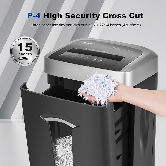 Wingwise 120-Minute Paper Shredder - 15-Sheet Capacity, 30L（7.9 Gallon） Bin, 58dB Quiet Operation, P4 Cross-Cut Heavy-Duty Shredder for Home & Office Use
