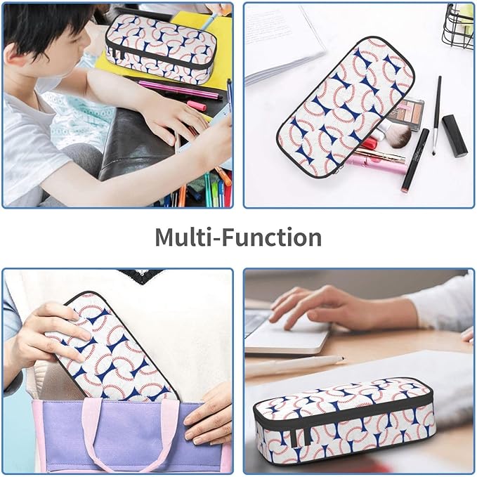 Baseball Blue White Ball Pencil Case Big Capacity Storage Pencil Pouch Stationery Bags With Zipper Portable Pen Holder Box Organizer For Boys Girls Teens Student College School Office Supplies