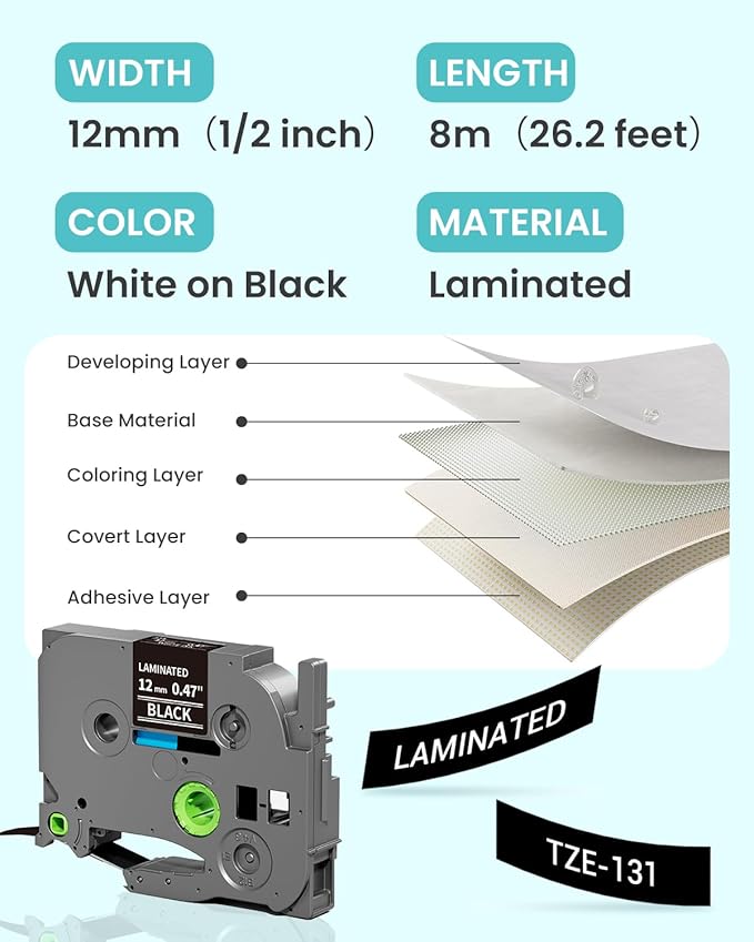 6-Pack Label Maker Tape 12mm 0.47" Black Tze-335 Replacement for Brother P Touch Label Tape TZe335 TZ-335, Compatible with Brother Ptouch PT-D210 PT-H110 PT-D220 PT-D400, White on Black