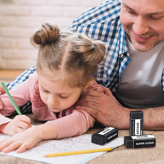 Black Erasers, 6 Pack Block Pencil Erasers – Smudge-Free Latex-Free Art Erasers for Kids & Adults Artists, Clean Erase for School, Homework, Office & Drawing