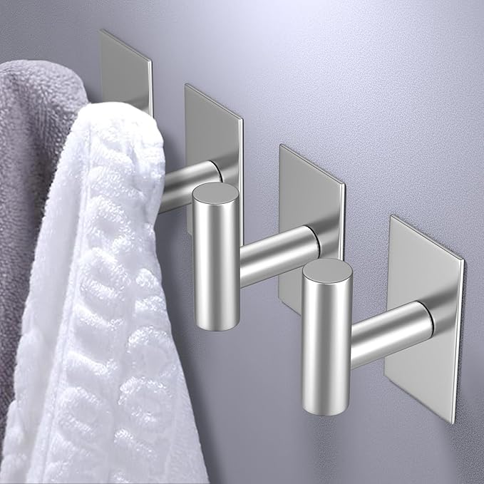 VAEHOLD Wall Towel Hooks, Heavy Duty Sticky Holder Waterproof Towel Hooks for Hanging Coat, Clothes, Closet Hook Wall Mount for Kitchen (Silver, 2 Pack)
