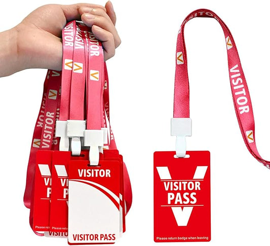 Visitor Badge Lanyards Volunteer Badge Holder with Clips (25 pcs) - Reusable Temporary ID Pass for Office, School, Events PVC Plastic Security Cards for Exhibition Guest by OSTENBIG (Red)