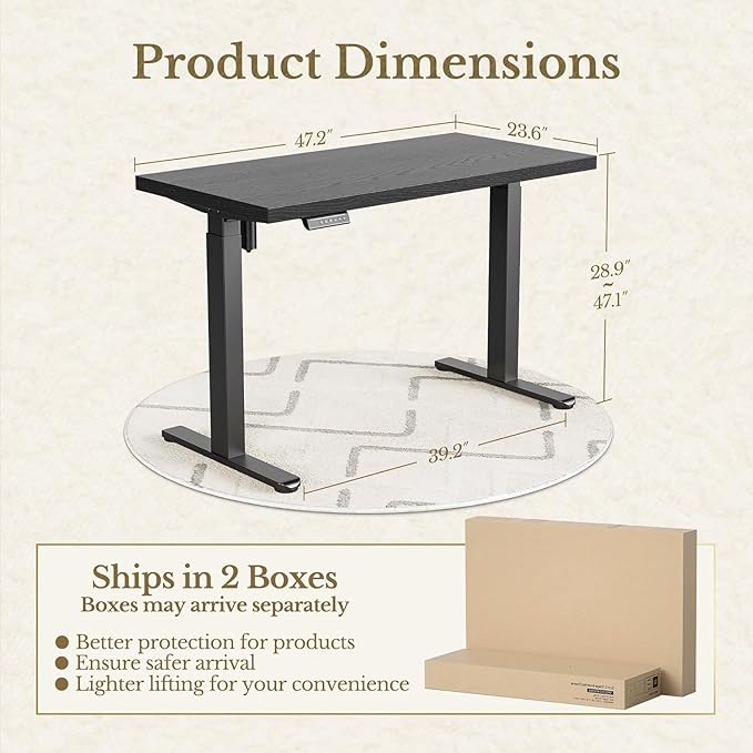 ErGear Height Adjustable Electric Standing Desk, 47.2 x 23.6 Inches Sit Stand up Desk with 1.18" Thickness Whole-Piece Desktop, Memory Computer Home Office Desk (Black Rattan)
