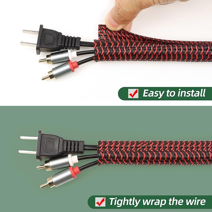 Split Wire Loom Tubing, Cable Protector Sleeve, Braided Cable Management for TV/Computer/Home Theater/Engine Bay, Cord Protectors from Pets No Chew (Red and Black, 1"-10ft)