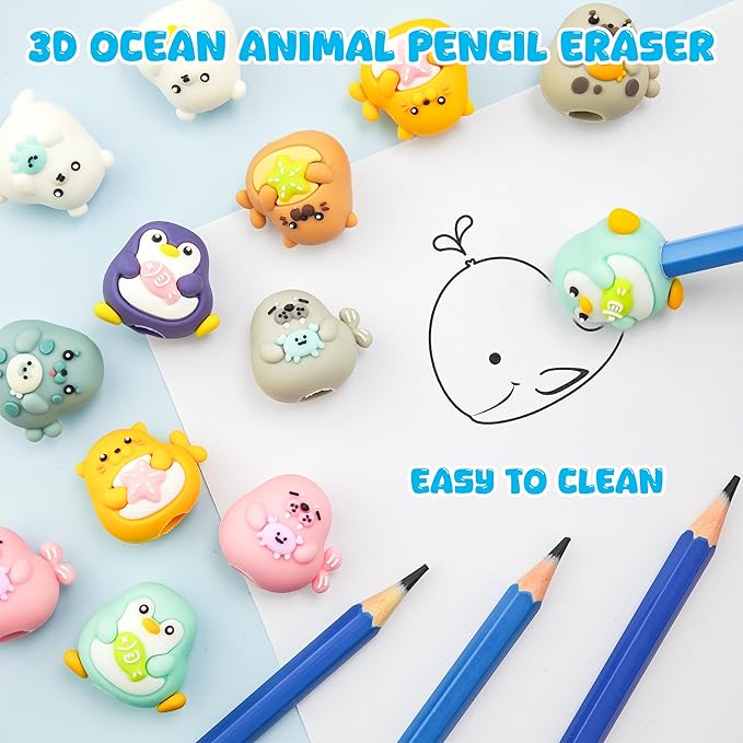 20 pcs Ocean Animal Pencil Topper Erasers for Kids Classroom Prizes, 3D Funny Pencil Top Erasers for Kids Class Treasure Box,Game Rewards,Party Favors, Non-Removable