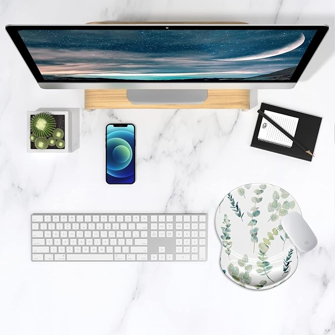 ITNRSIIET Ergonomic Mouse Pad with Gel Wrist Support Small Wrist Rest Smooth Surface Non-Slip PU Base Comfortable Office Supplies Pain Relief, 8.7 x 7.2 inches, Eucalyptus Branches