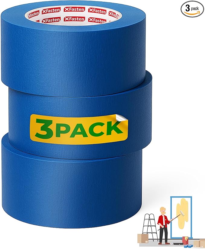 XFasten Blue Painters Tape 3 Inch Wide x 180 Feet Bulk (3-Pack, 540ft Total) Wall Safe UV-Resistant Blue Masking Tape 3 Inch Wide for Indoor and Outdoor Walls, Painting, Wood, Automotive