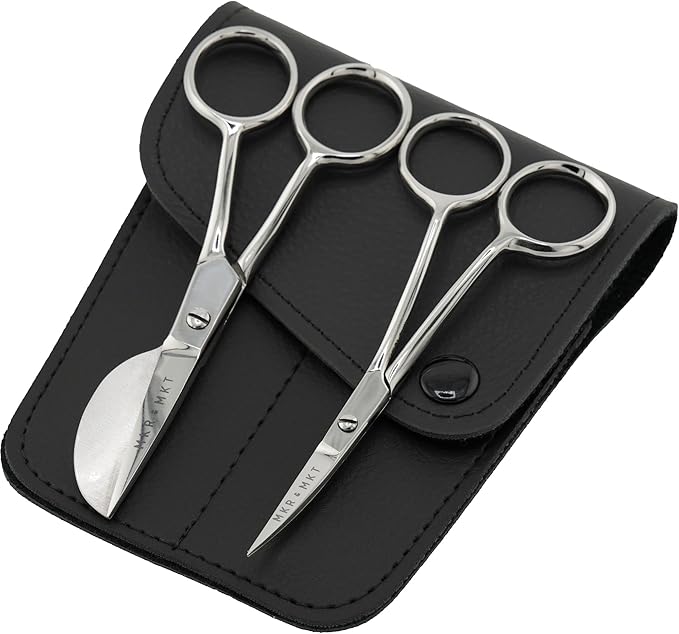 Small Embroidery 4.5 Inch Scissors Set of 2 Kit - Mini Double Bend Offset Duckbill and Double Bend Long Applique Needlepoint Blade with Pouch Sleeve (Polished)