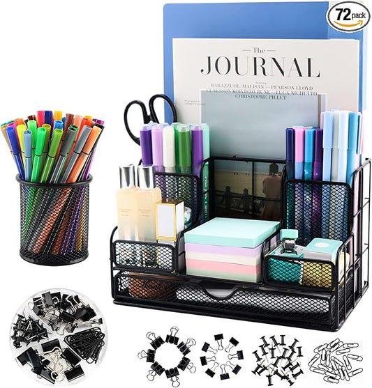 BCCICE Desk Organizers Caddy and Accessories with 7 Compartments + Pen Holder / 72 Clips Set, Drawer, Black Mesh Office Supplies Desktop Organizer for Home, Office Ect