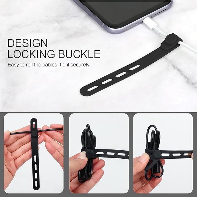 Donruby 24Pcs Silicone Cable Ties - Reusable & Washable with Locking Buckles, Adjustable Fastening Cable Management Straps, Multi-Purpose High Elasticity Cord Organizer (Black)