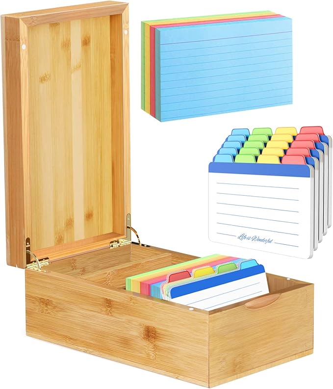 Neando Bamboo Index Card Holder for 3x5 Cards – Wooden Organizer with Lid, 4 Compartments, 600-Card Capacity, Includes 20 Thick Index Cards & 200 Note Cards– Natural Desktop Filing Box