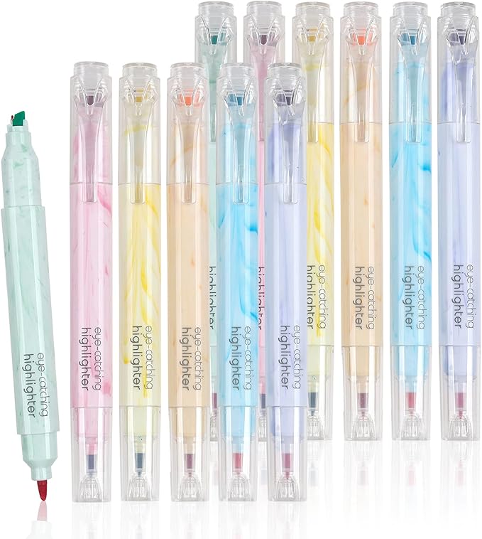 Techjob Aesthetic Highlighters 12 Pack Dual Tips,Double Line Highlighters Assorted Colors, Home and Office Use, Teacher Supplies, Ideal Highlighter for Organizing and Coloring