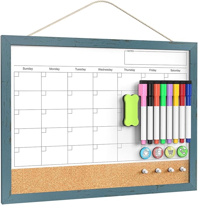 Whiteboard Calendar & Corkboard for Wall, 17x13 Inches Dry Erase Monthly Calendar with Wood Framed, Magnetic White Board Cork Board Combo, Bulletin Board for Home Office Kitchen Memo Planner