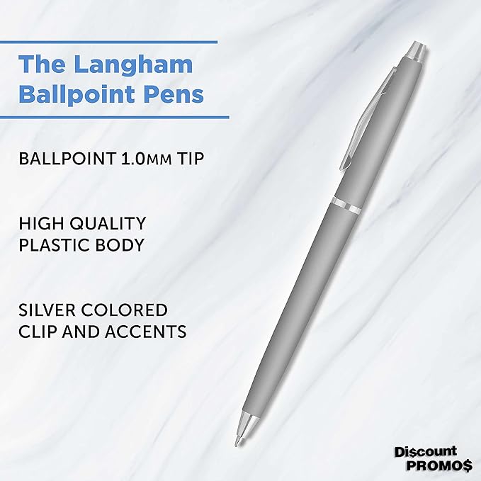 DISCOUNT PROMOS Langham Ballpoint Pens Set of 10, Bulk Pack - Black Ink, Great for Office, School, Business, Tradeshows - Silver
