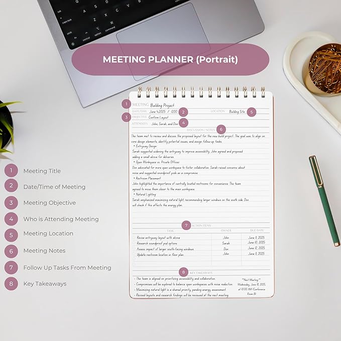 Merely Home | Meeting Notebook for Work | 8.25" x 11.75" | Project Planner | Simple Design | Multiple Layouts | Office and Business Planner (Black, Meeting Planner - Portrait)