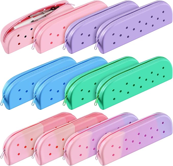 Bulyoou 12 Pcs Small Silicone Pencil Pouch Bulk Colorful Silicone Waterproof Pencil Case with DIY Holes Rubber Aesthetic Portable Makeup Bag Pen Storage Organizer for Women Travel Office Supplies