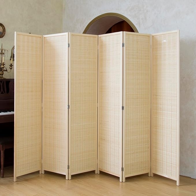 Loomveil 6 Panel Room Divider Folding Privacy Screen,67 inch Bamboo Panel Divider for Home Partition,Beige