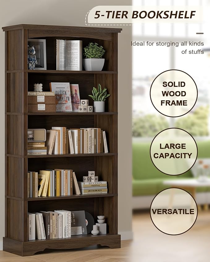 TVU 5-Tier Wooden Bookshelf, 65 Inch Tall Bookshelf with Storage, Floor Standing Modern Style Display Bookcase for Living Room, Office, Study Room, Entryway, Brown