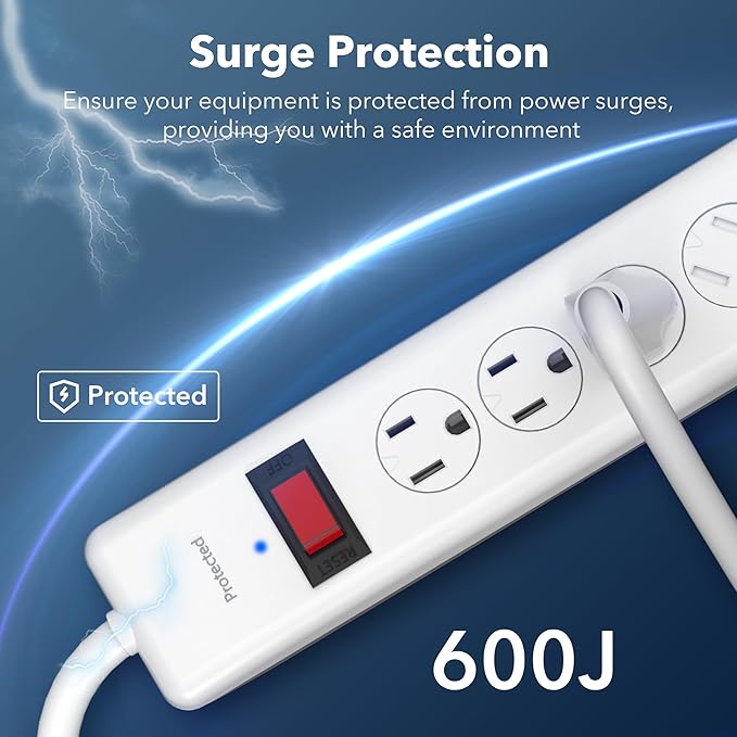 BN-LINK 6-Outlet Power Strip Surge Protector 1-Pack, 4-Foot Extension Cord, 600 Joules, Twist-to-Close Safety Covers, 90 Degree Flat Plug, Overload Protection, White