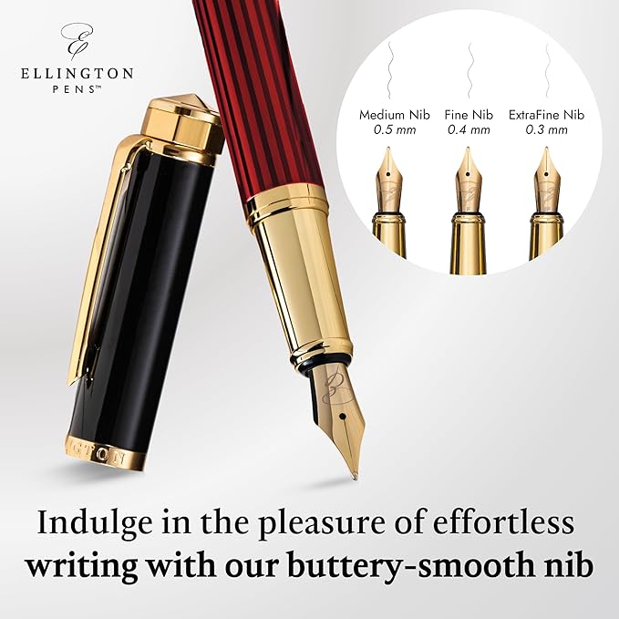 Ellington Pens Luxury Fountain Pen Set - Smooth Fine Nib - Includes 3 Ink Cartridges, Refillable Ink Converter, Gift Box-Fountain Pens For Writing, Calligraphy, Journaling, Sketching (Crimson Blend)