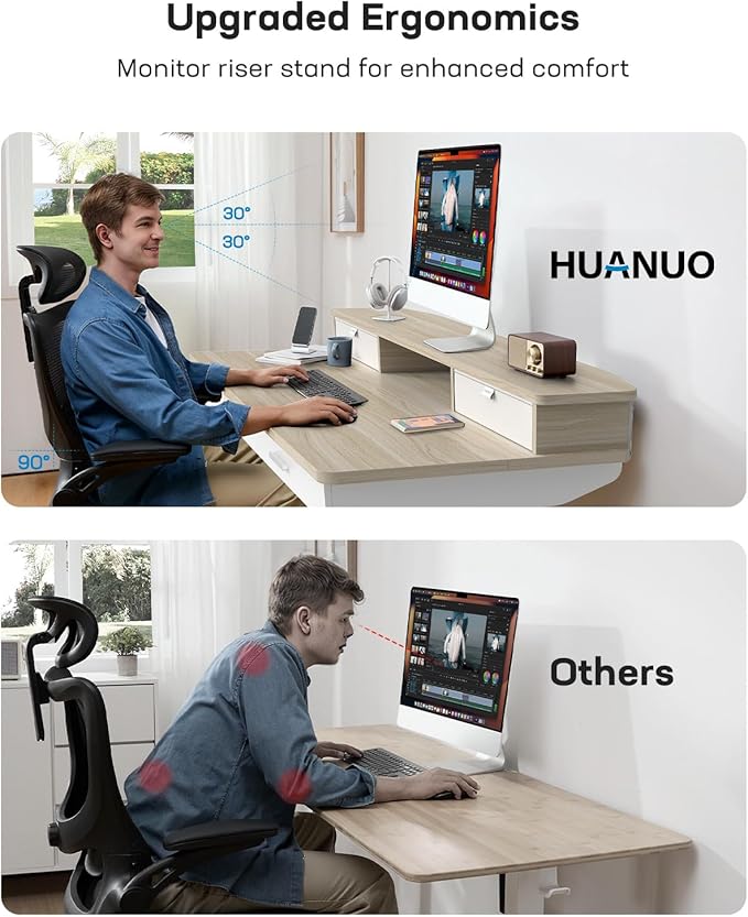 HUANUO 55 x 30 inch Electric Standing Desk with Wood Drawers, Adjustable Height Sit Stand Home Office Desk with Two Tiers, Ergonomic Adjustable Stand up Desk C-Clamp Monitor Mount Compatible, Natural