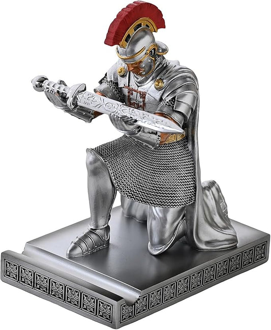 CYXStar Roman Praetorian Prefect Warrior Knight Pen Holder Desk Ornament Resin Praetorian Guard Mobile Phone Stand Desk Accessories and Organizer for Office with a Letter Opener (Silver)