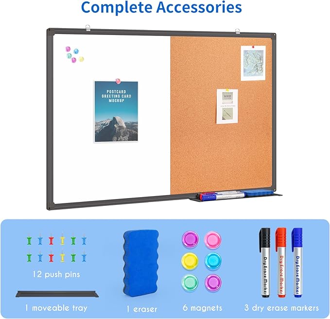 Magnetic White Board and Cork Board Combo, 24 X 18 inches Whiteboard Bulletin Combination Board, Wall Mounted Dry Erase Message Board for Home, School and Office, Black