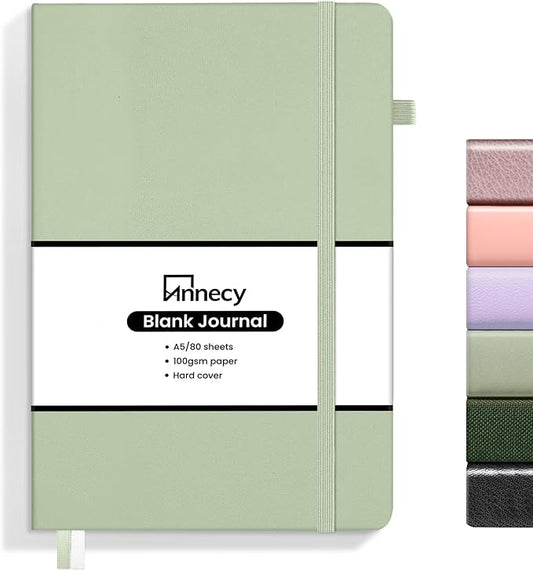 Annecy Blank Journal Notebook, Medium 5.5x 8.25, 160 Pages 100GSM Writing Paper, A5 Grey Green Faux Leather Cover with Pen Loop