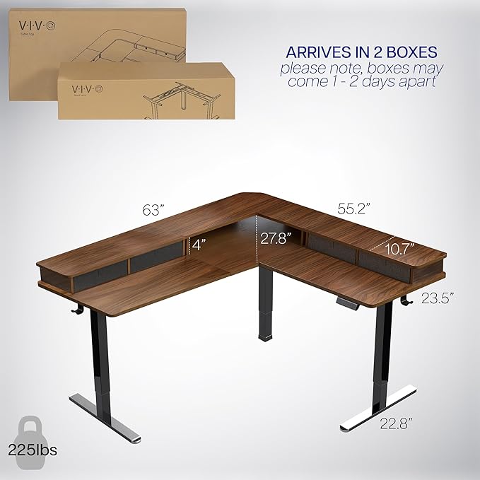 VIVO Electric 2-Tier Corner L-Shaped 63 x 55 inch Standing Desk, Height Adjustable, Memory Controller, Dark Walnut Top Black Frame, Black Drawers, DESK-E3CVD